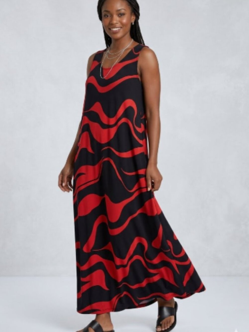 VTG JOSTAR Travel-knit Tank Maxi Dress Abstract Red Scoop Neck USA MADE -Sz XL